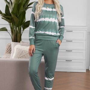 Army Green Tie-dye Stripes Pullover Top and Pants Lounge Set