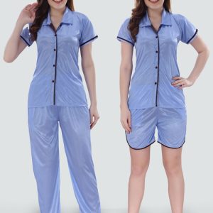 Romaisa Women's Satin Solid Cornflower Blue Top and Pyjama with Shorts