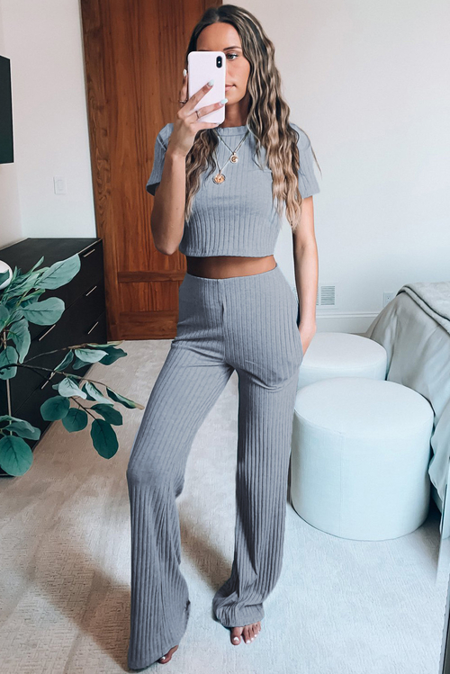 Cropped Tee and Wide Legs Pants Ribbed Knit Lounge Set - Image 4
