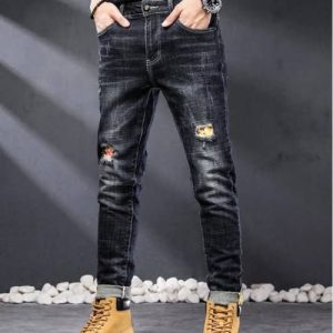 MEN New Style Men Denim Jeans Ripped Print Pants BLACK 28
